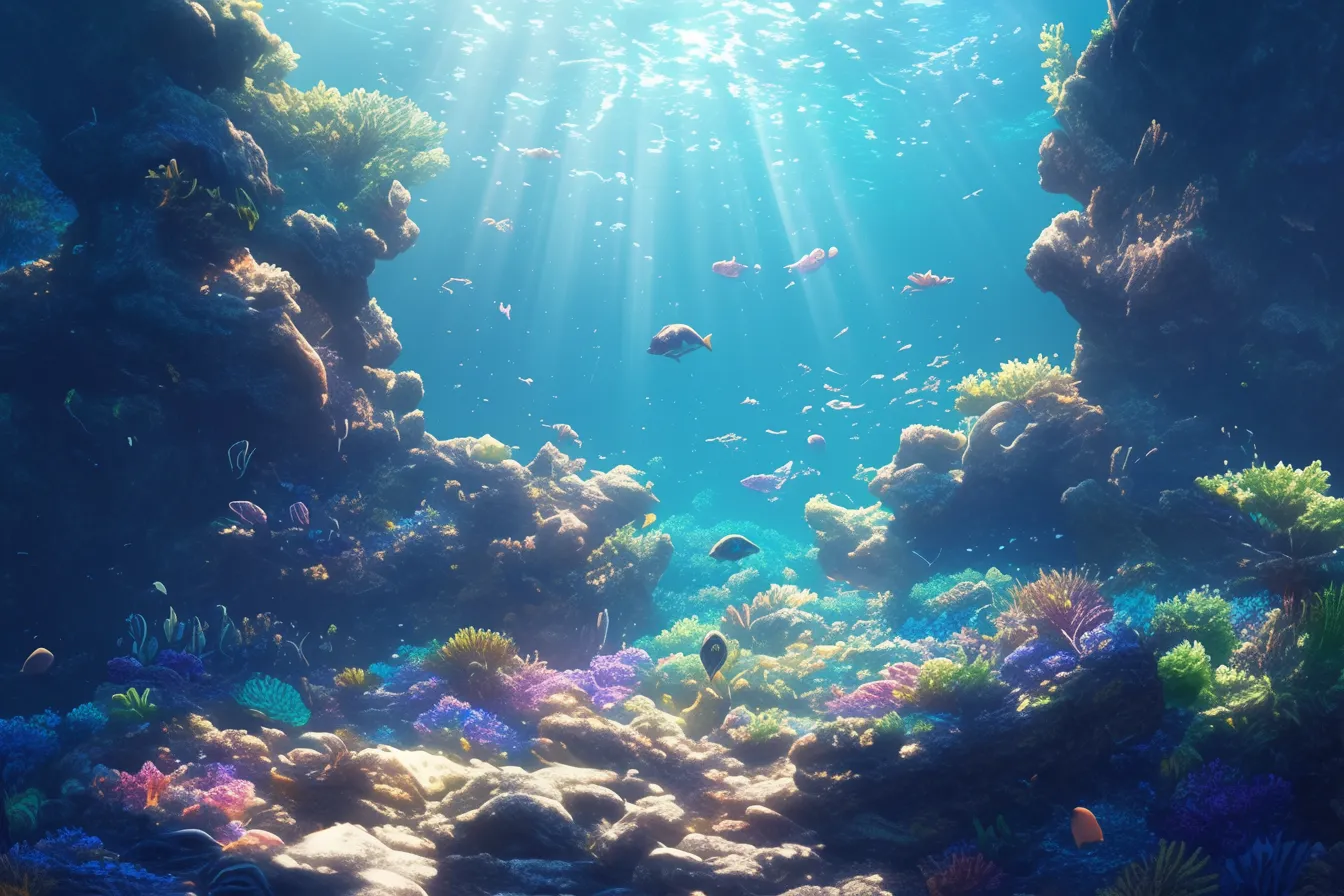 綺麗な海の中と岩場の珊瑚群｜自然な光のコントラストで水中の奥行きを際立たせた綺麗な海の中の素材です。深みのある構図は映像演出や広告素材に適しています。