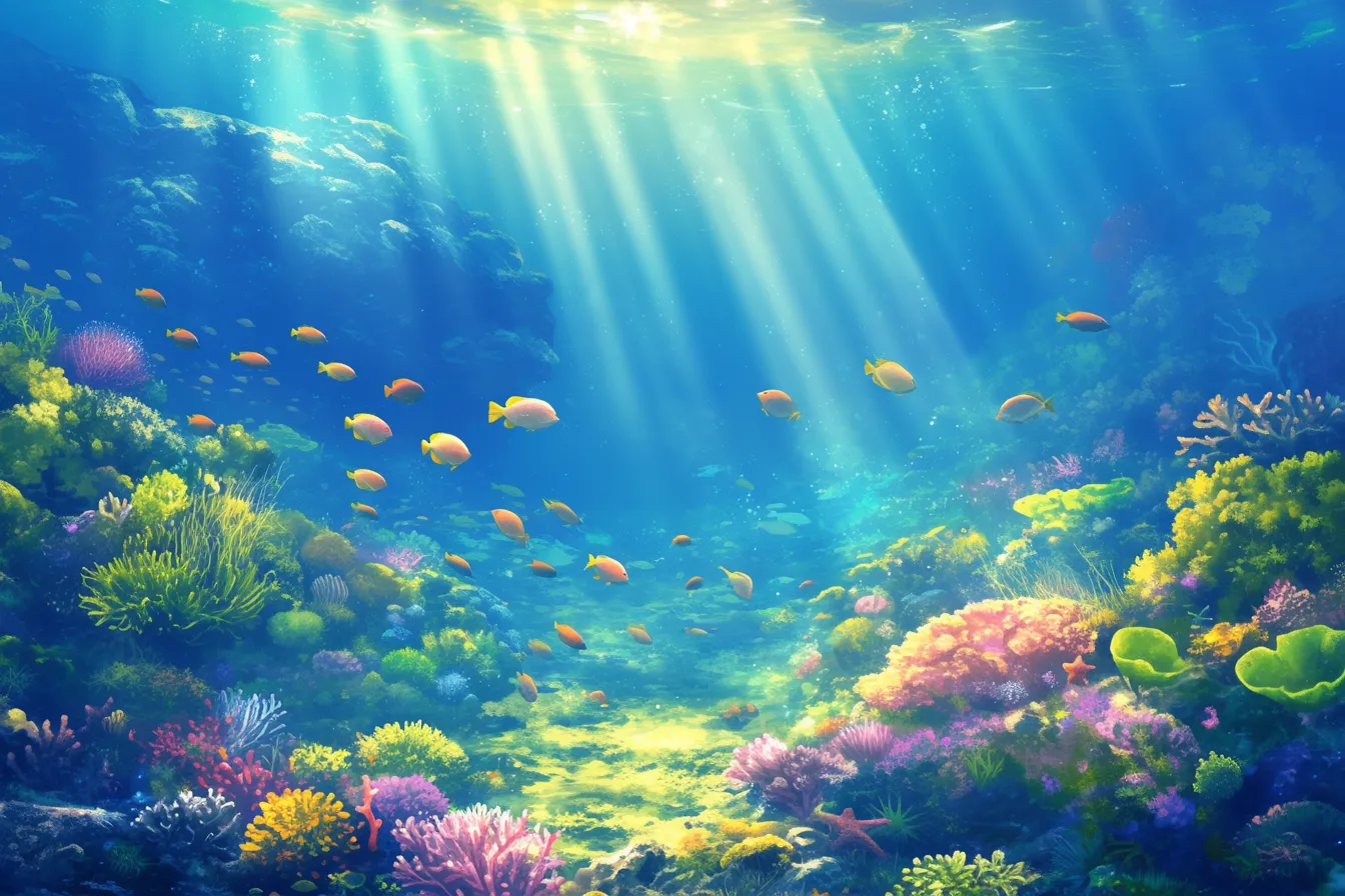綺麗な海の中と群れる小魚たち｜光の帯と小魚の群れが幻想的に描かれる綺麗な海の中の素材です。生命感と活気を伝えたいシーンで効果的に使えます。