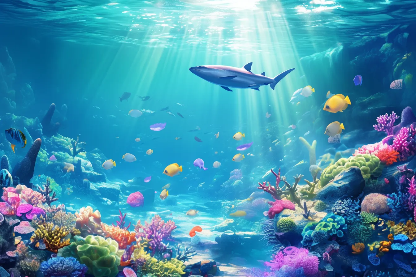 綺麗な海の中とサメと熱帯魚｜サメとカラフルな魚が同居する迫力ある綺麗な海の中の素材です。力強さと美しさを兼ね備え、イベントや広告にインパクトを与えます。