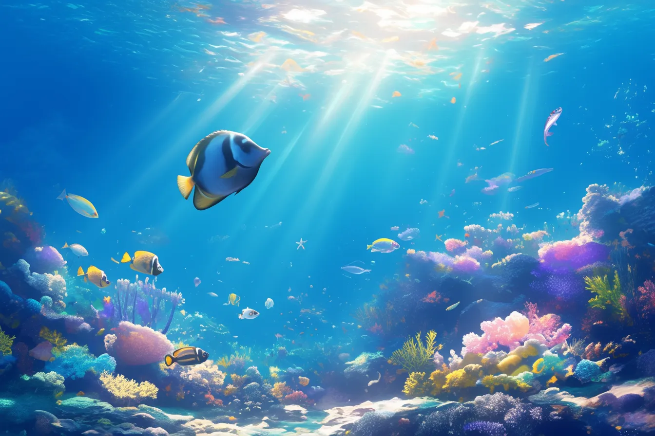 綺麗な海の中と大きな熱帯魚｜手前の魚が強調される構図で、水中の豊かさをリアルに描く綺麗な海の中の素材です。存在感のあるデザインに向いています。