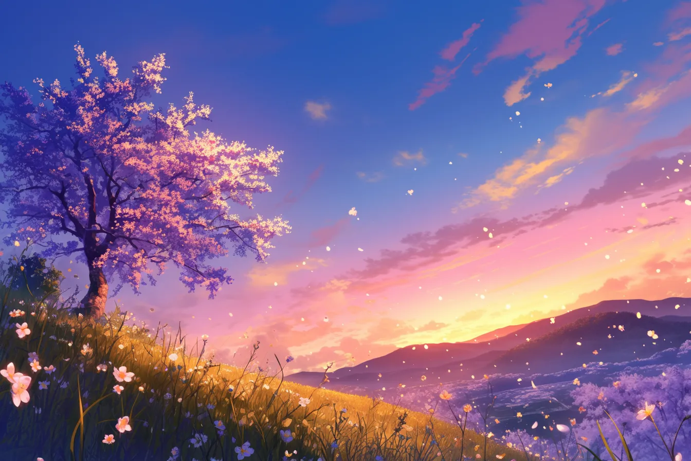 綺麗な春の丘と桜の木｜桜が満開に咲き誇る丘の風景が印象的な綺麗な春の素材です。鮮やかな光と色彩が季節感を強調し、観光やイベント告知に活用可能です。