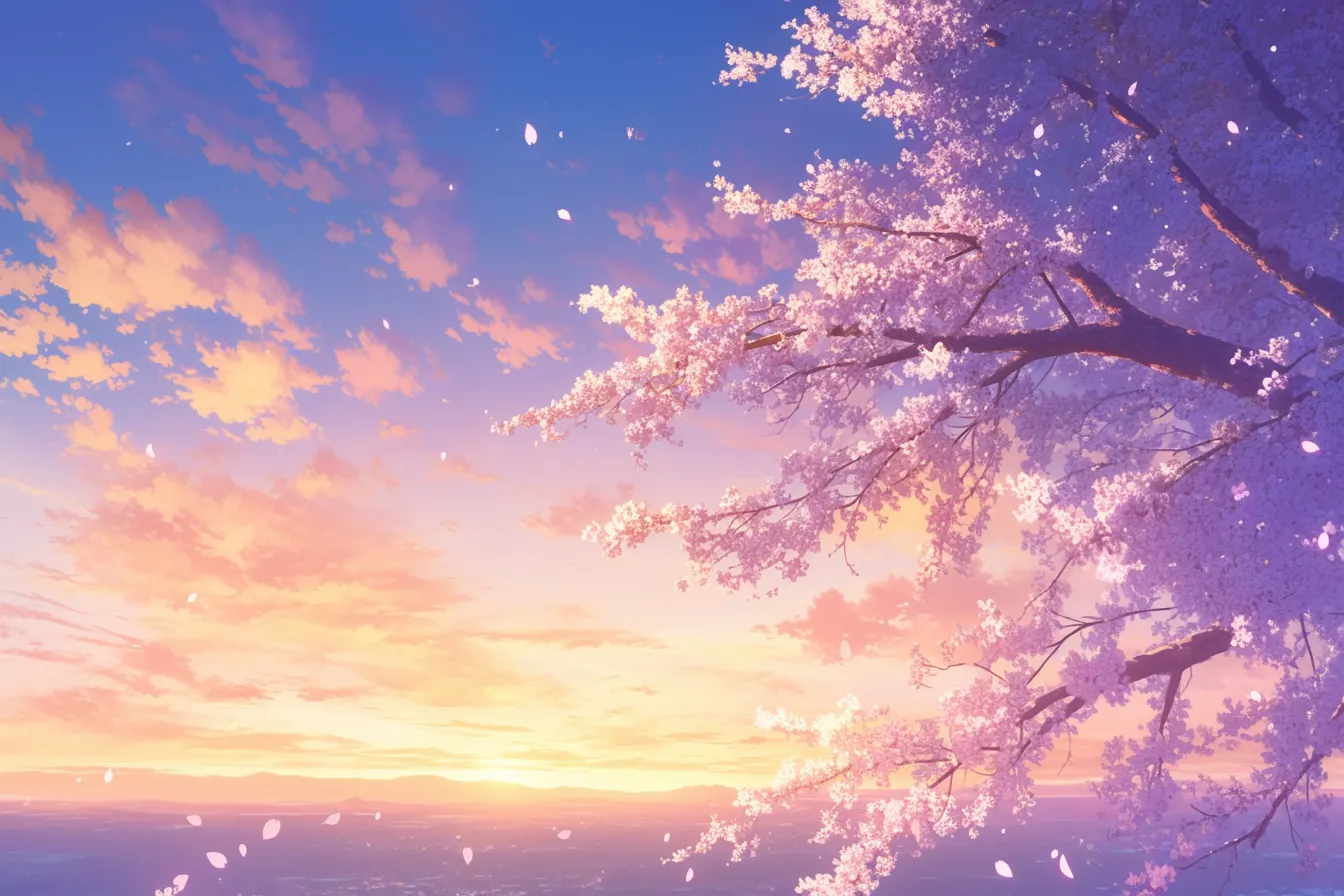 綺麗な春の夕暮れ桜の枝｜夕空に伸びる桜の枝と花びらが舞う綺麗な春の素材です。幻想的で詩的な印象を与え、ポスターや広告に活かせます。
