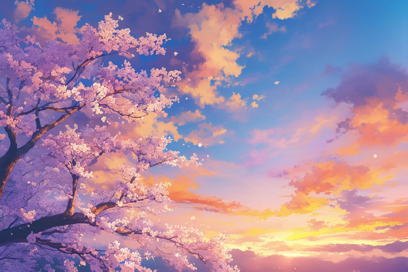 綺麗な春の桜と夕空のコントラスト｜鮮やかな桜と夕焼けの空が美しく調和する綺麗な春の素材です。ドラマチックな構図が映像的効果を高めます。