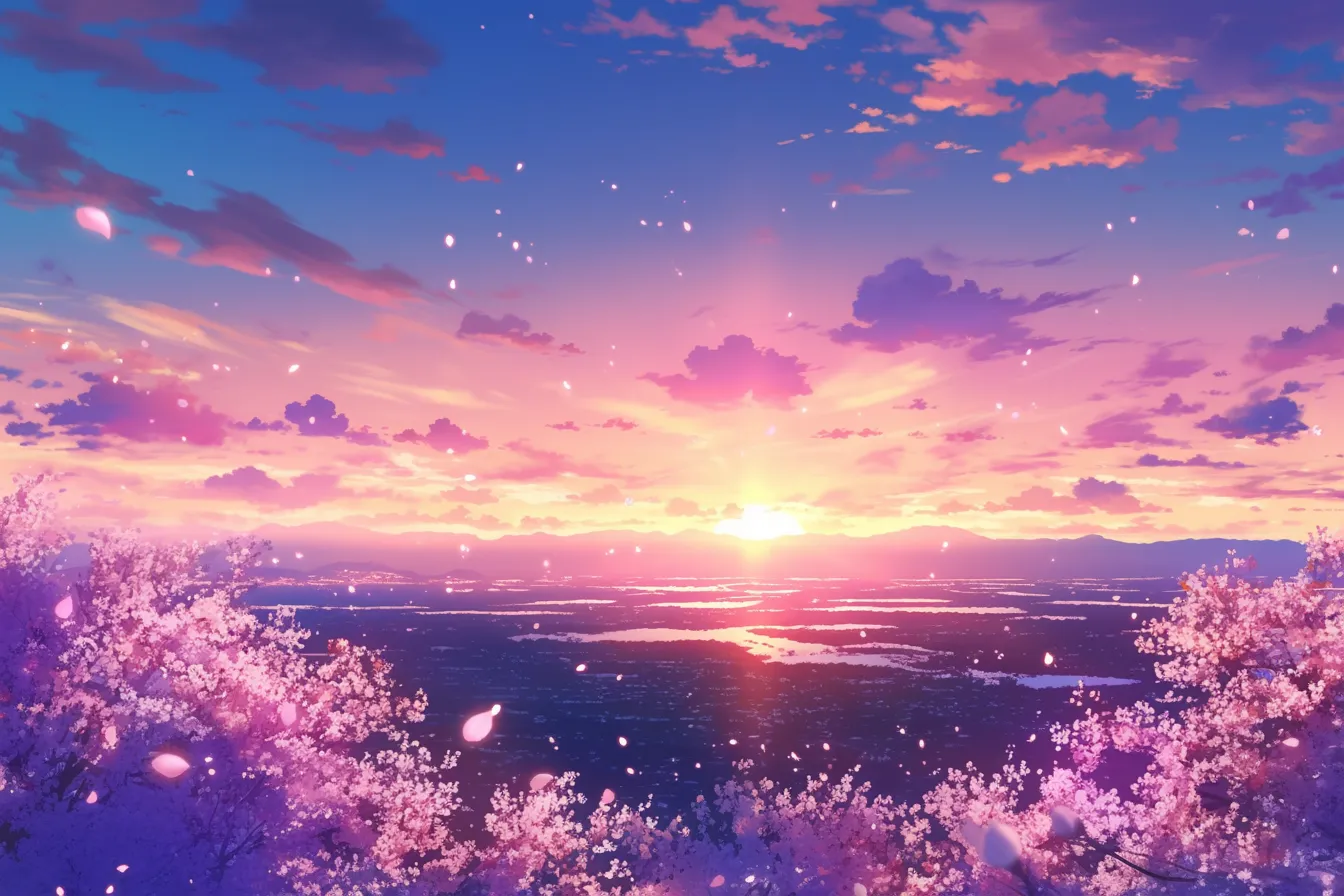 綺麗な春の桜と夕焼けの展望｜夕陽に照らされる桜と広がる街並みが印象的な綺麗な春の素材です。大規模な景観を伝える広告や背景に適しています。