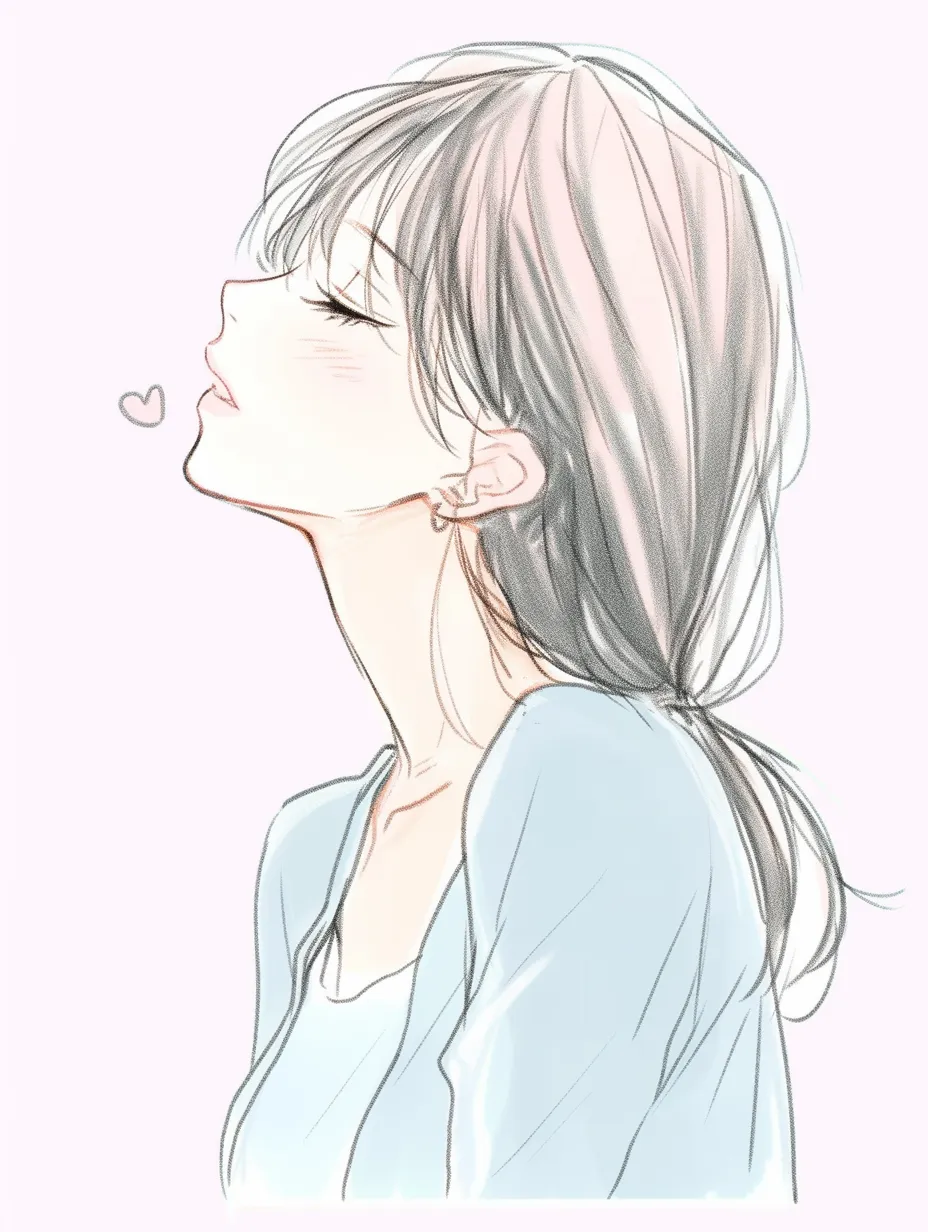 穏やかな愛を感じるキス顔｜落ち着いた色合いとシンプルな線で描かれた、上品な雰囲気のイラスト。閉じた瞳と控えめな表情が、静かな愛情を表現している。柔らかい陰影と繊細な髪の流れが、優雅な印象を演出し、穏やかなキス顔の魅力を際立たせている。