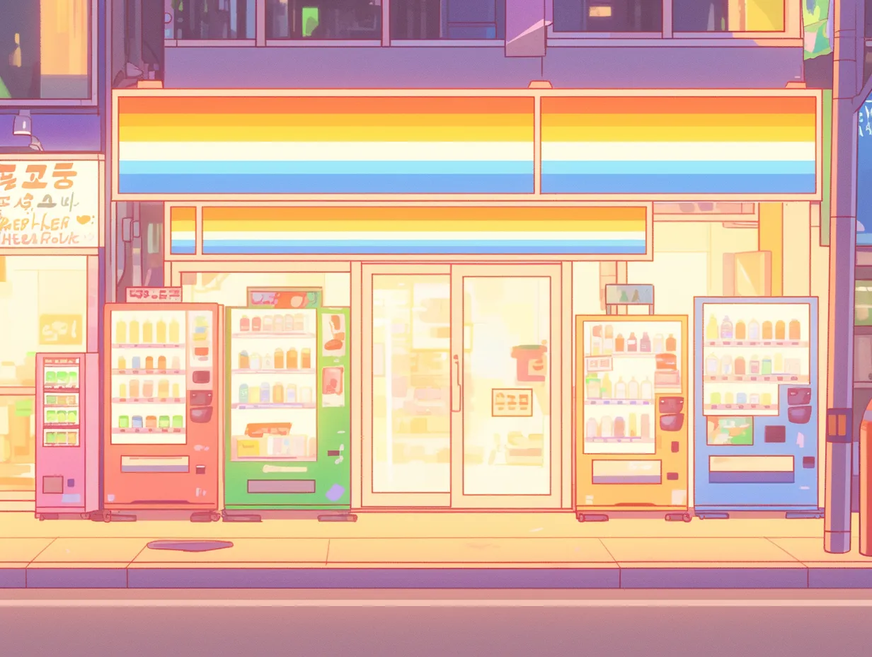 かわいい韓国のコンビニ街並み｜夜の街に映えるコンビニを描いたイラストで、柔らかな光と自販機の並びが印象的です。かわいい韓国の雰囲気を感じさせる素材で、広告や記事の挿絵として活用しやすいデザインです。