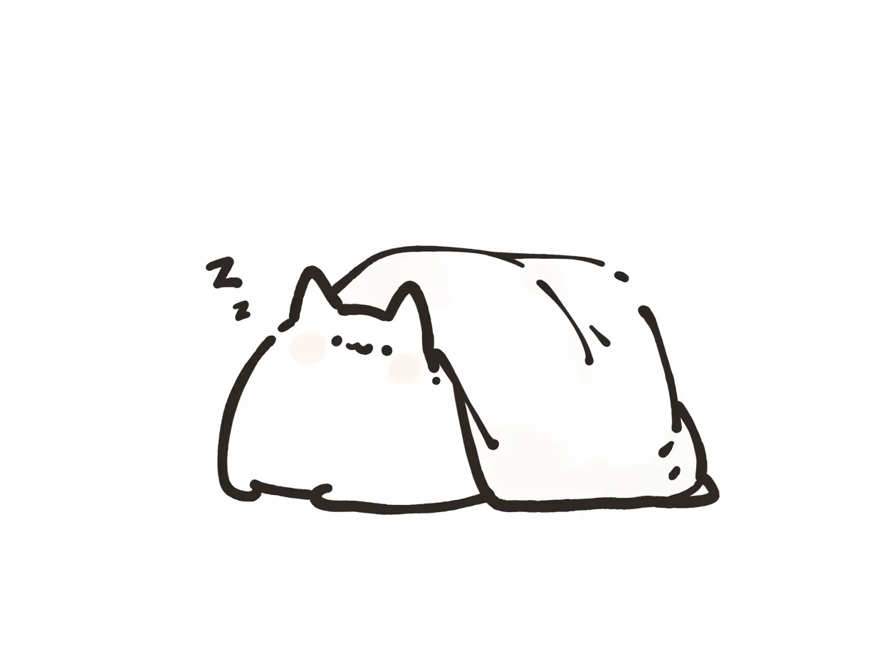 ゆるい韓国の毛布猫イラスト｜毛布にくるまれて眠る猫をシンプルに描いたイラストです。線の少なさと余白を活かしたデザインが特徴で、ゆるい韓国のリラックス感を伝える素材として記事やPOPに活用できます。