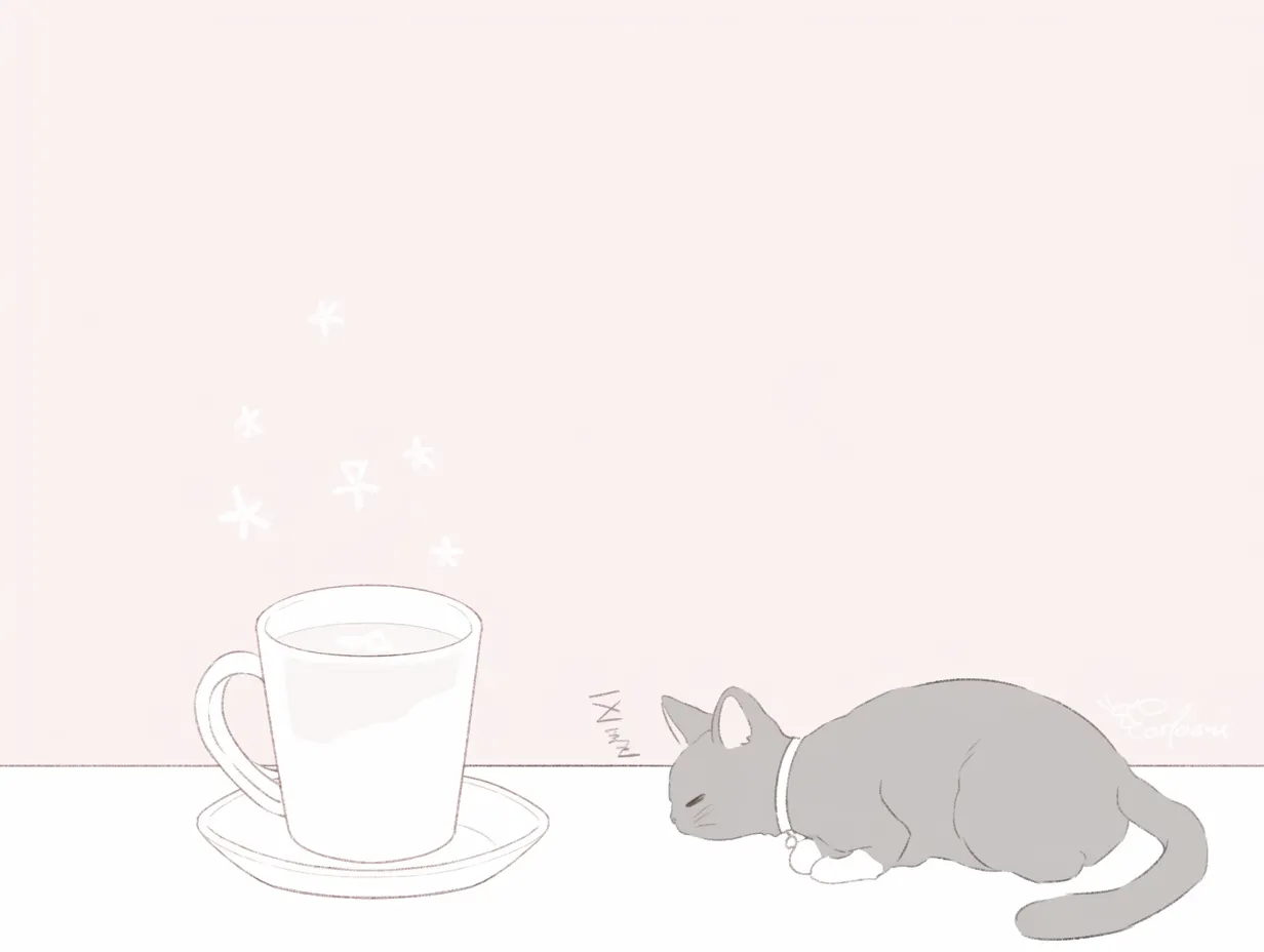 ゆるい韓国のカフェ猫イラスト｜カップの横で眠る猫を淡い色合いで描いた素材です。優しいトーンと空間の余白が印象的で、ゆるい韓国の落ち着いたライフスタイルを表現した広告やブログに適したデザインです。