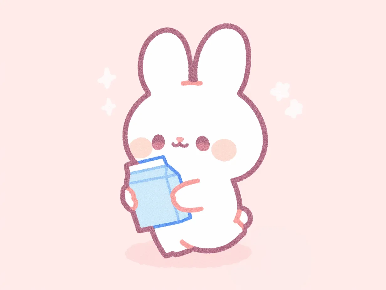ゆるい韓国のうさぎイラスト｜牛乳パックを抱えるうさぎをポップに描いたイラストです。明るく柔らかな色合いが可愛らしく、ゆるい韓国のポジティブな雰囲気を伝えるビジネス写真素材として幅広い用途に活用できます。