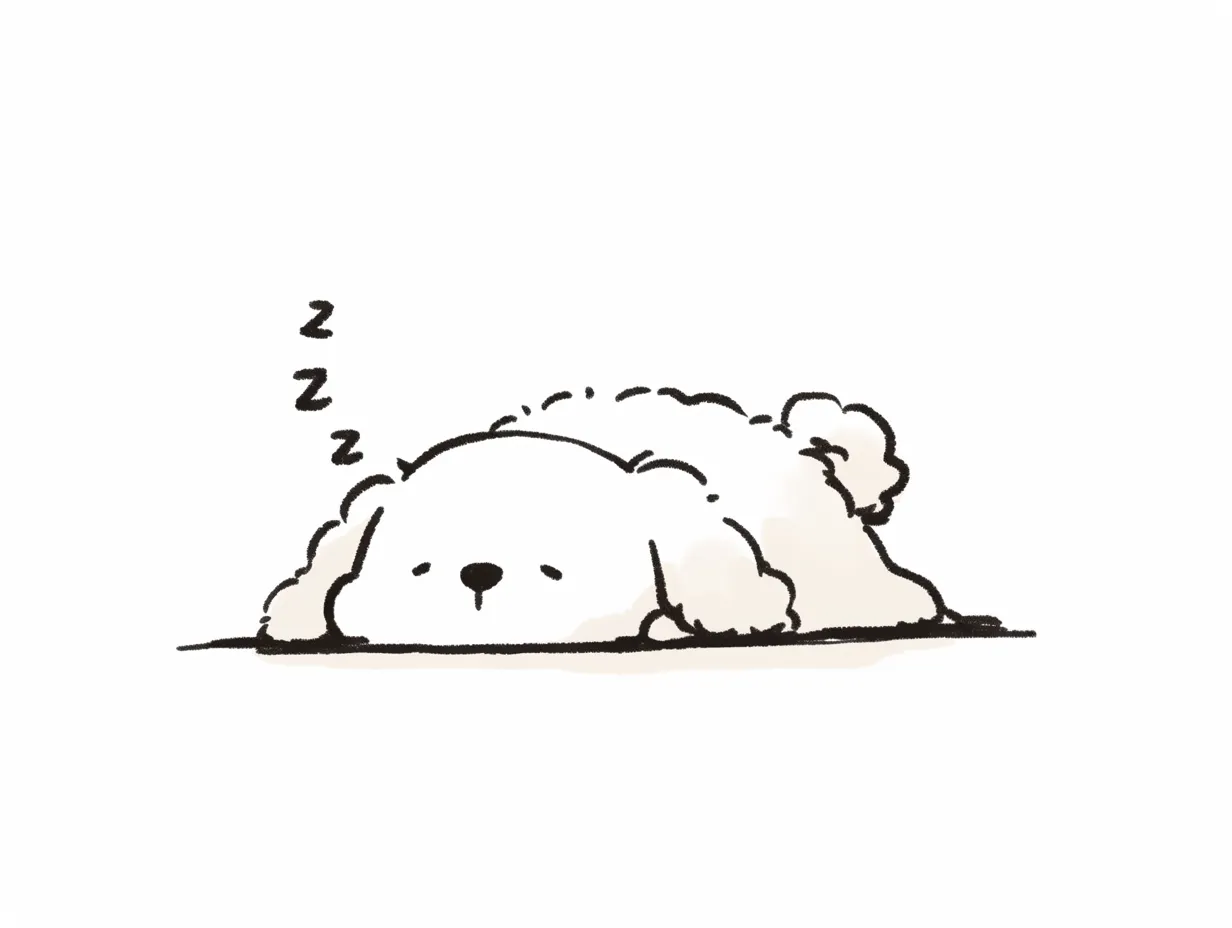 ゆるい韓国の寝そべり犬｜シンプルな線で描かれた寝そべる犬のイラストです。ゆるやかな雰囲気と余白を活かしたデザインが特徴で、ゆるい韓国の柔らかい世界観を伝える素材として記事やSNS投稿に適しています。