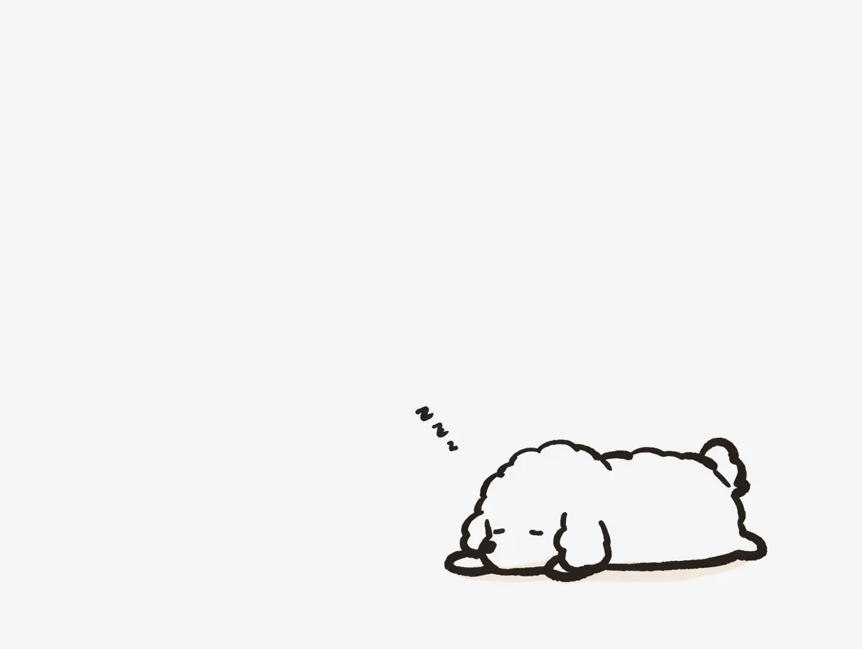 ゆるい韓国の丸まる犬｜体を小さく丸めて眠る犬を描いたイラストです。最小限の線と温かみのあるシルエットが印象的で、ゆるい韓国のくつろぎを表現する素材として広告やPOPに応用可能です。