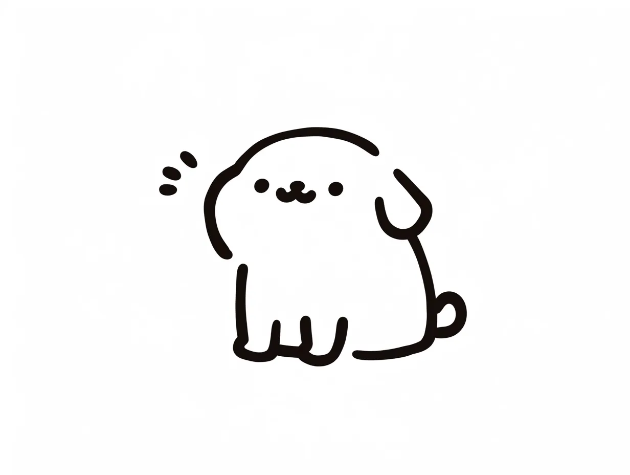 ゆるい韓国のお座り犬｜手描き風の黒いラインで描かれたシンプルなお座り犬のイラストです。無駄のないデザインが清潔感を与え、ゆるい韓国の可愛らしい表現としてビジネス資料や挿絵に使いやすい素材です。