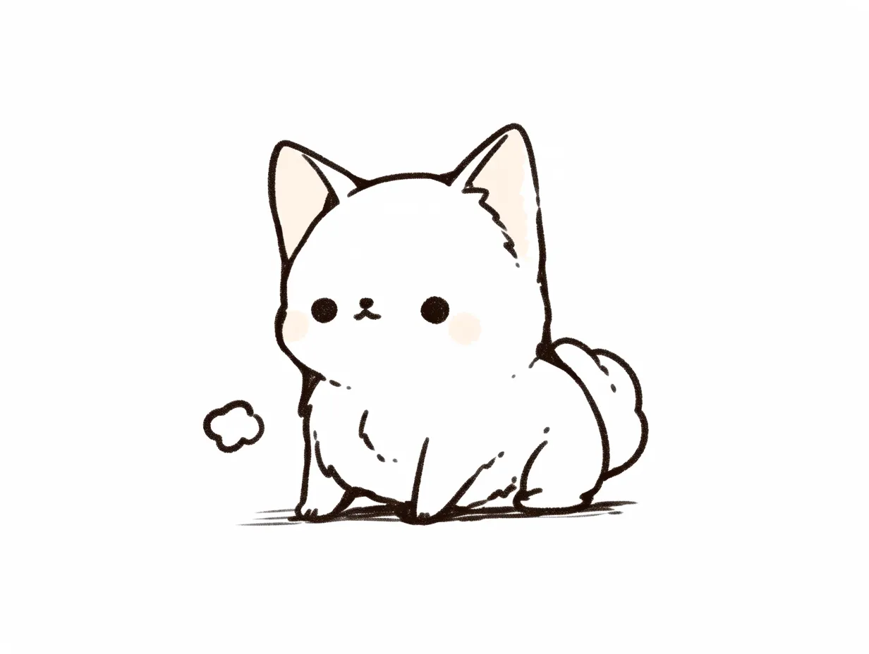 ゆるい韓国の子犬イラスト｜耳が大きく表情豊かな子犬をやわらかい線で描いたイラストです。シンプルながらも親しみやすい仕上がりで、ゆるい韓国の明るい雰囲気を演出する広告やSNS用素材に向いています。