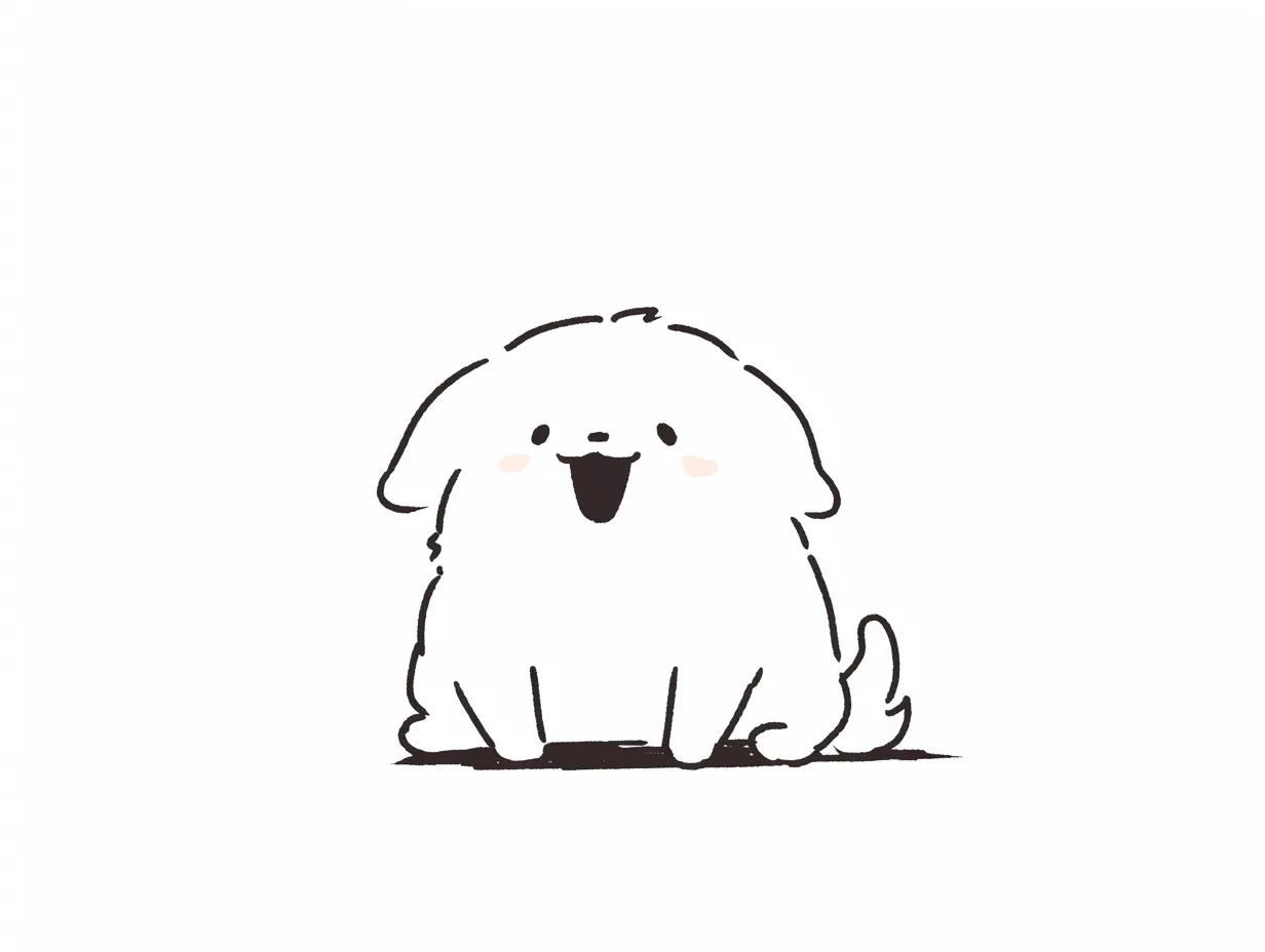 ゆるい韓国の笑顔犬｜にっこりとした表情の犬を描いたイラストです。シンプルな描写の中に愛らしさがあり、ゆるい韓国のフレンドリーな雰囲気を伝える素材としてプレゼン資料やブログに適しています。