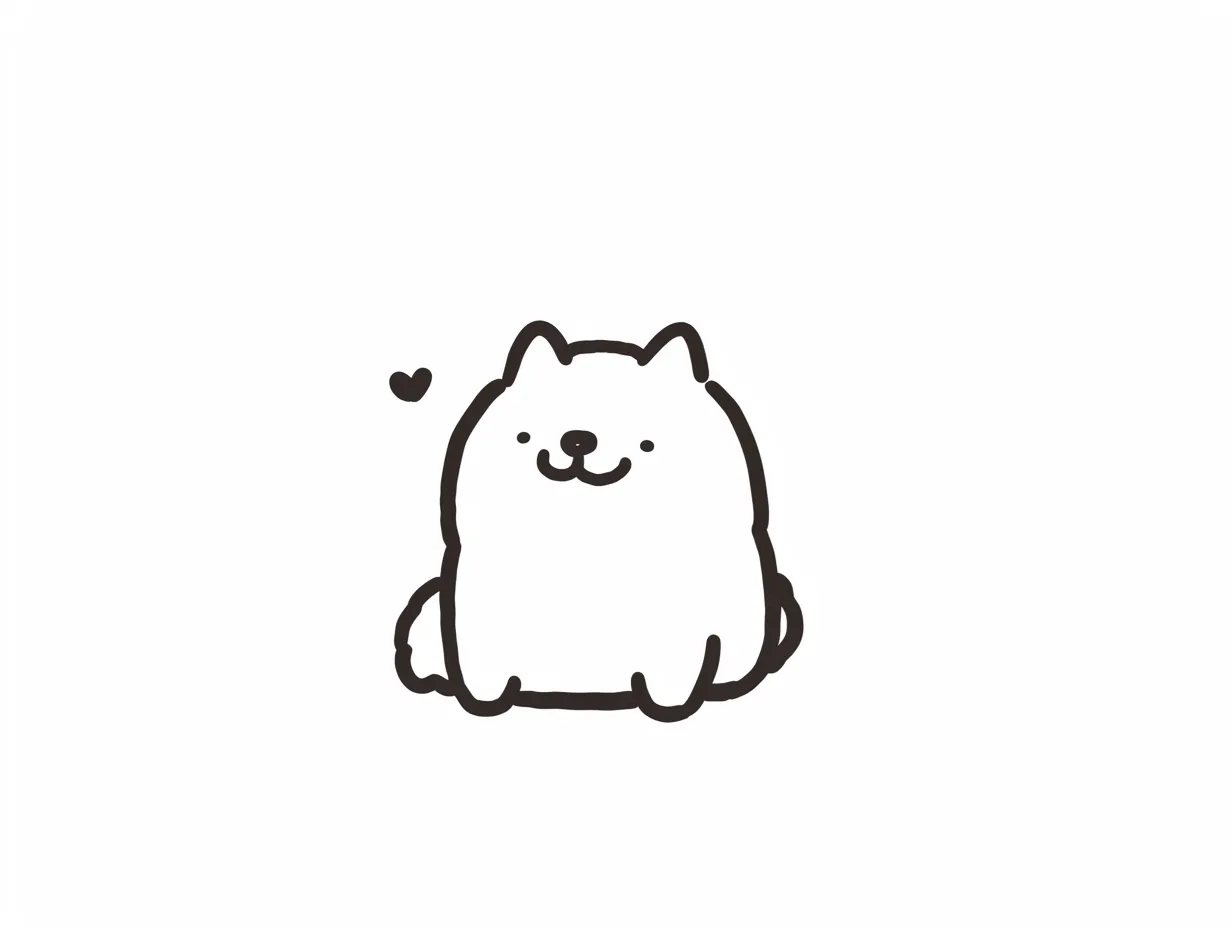 ゆるい韓国のハート犬｜小さなハートとともに描かれた犬のイラストです。シンプルなモノトーンに温かみを加えたデザインで、ゆるい韓国の優しい世界観を感じさせるビジネス写真素材です。