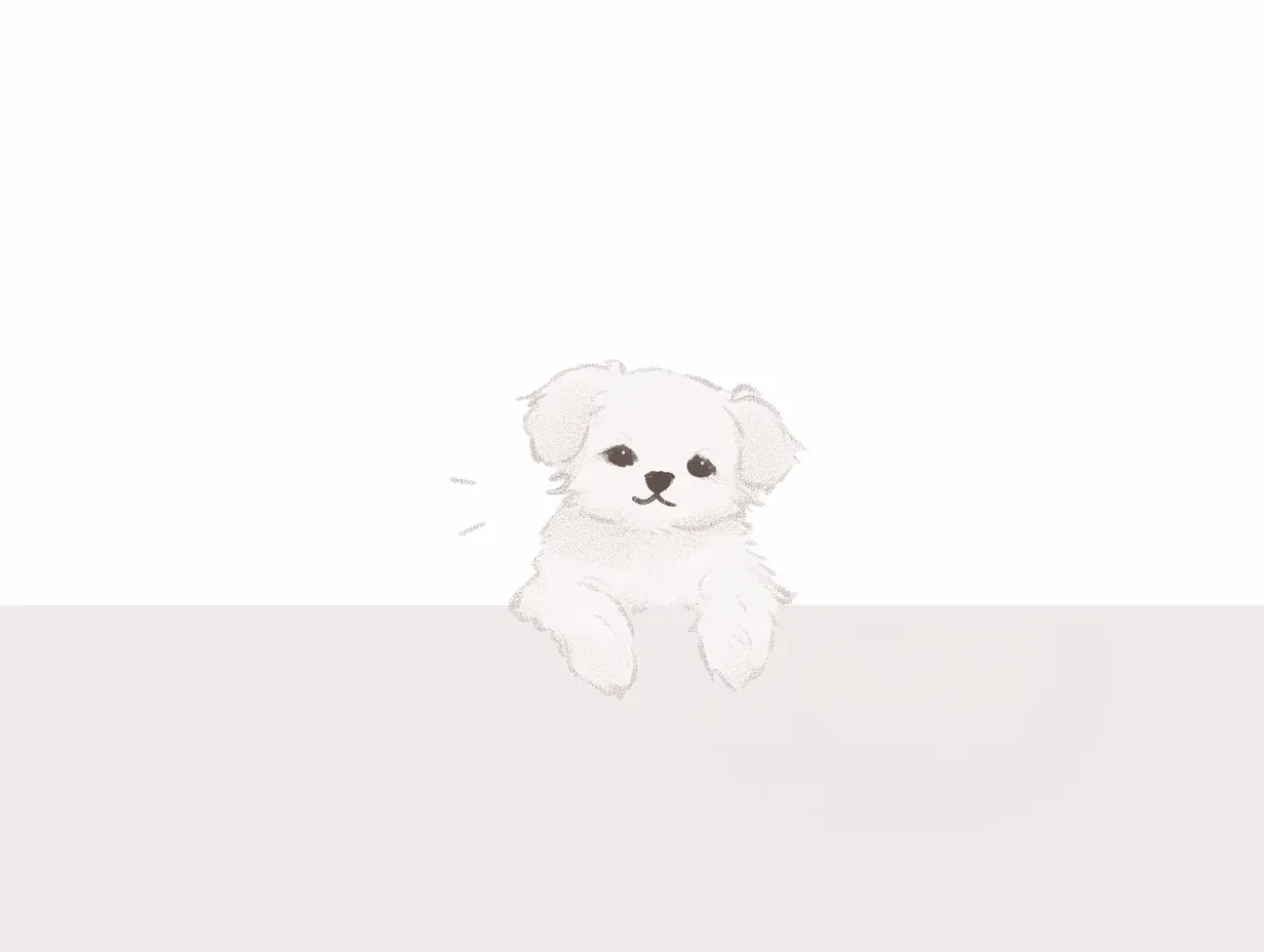 ゆるい韓国の白犬イラスト｜ふんわりとした白犬を柔らかいタッチで描いたイラストです。シンプルながら印象的な表情があり、ゆるい韓国の穏やかな雰囲気を伝える広告やSNSに活用しやすい素材です。