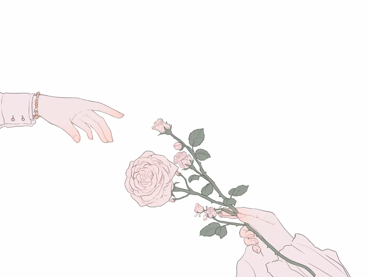 おしゃれ韓国の手とバラ｜手元と花をクローズアップで描いたイラストです。余白を活かした構成が洗練されており、おしゃれ韓国のシンプルで上品な世界観を強調する資料やSNS投稿に適しています。