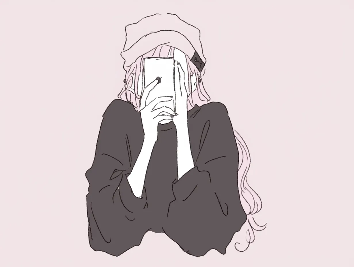 おしゃれ韓国のスマホ女子イラスト｜スマホを持つ女性を淡い色調で描いた素材です。現代的な雰囲気と落ち着いた線画が調和し、おしゃれ韓国のライフスタイルを象徴する表現として広告やコラムに応用可能です。