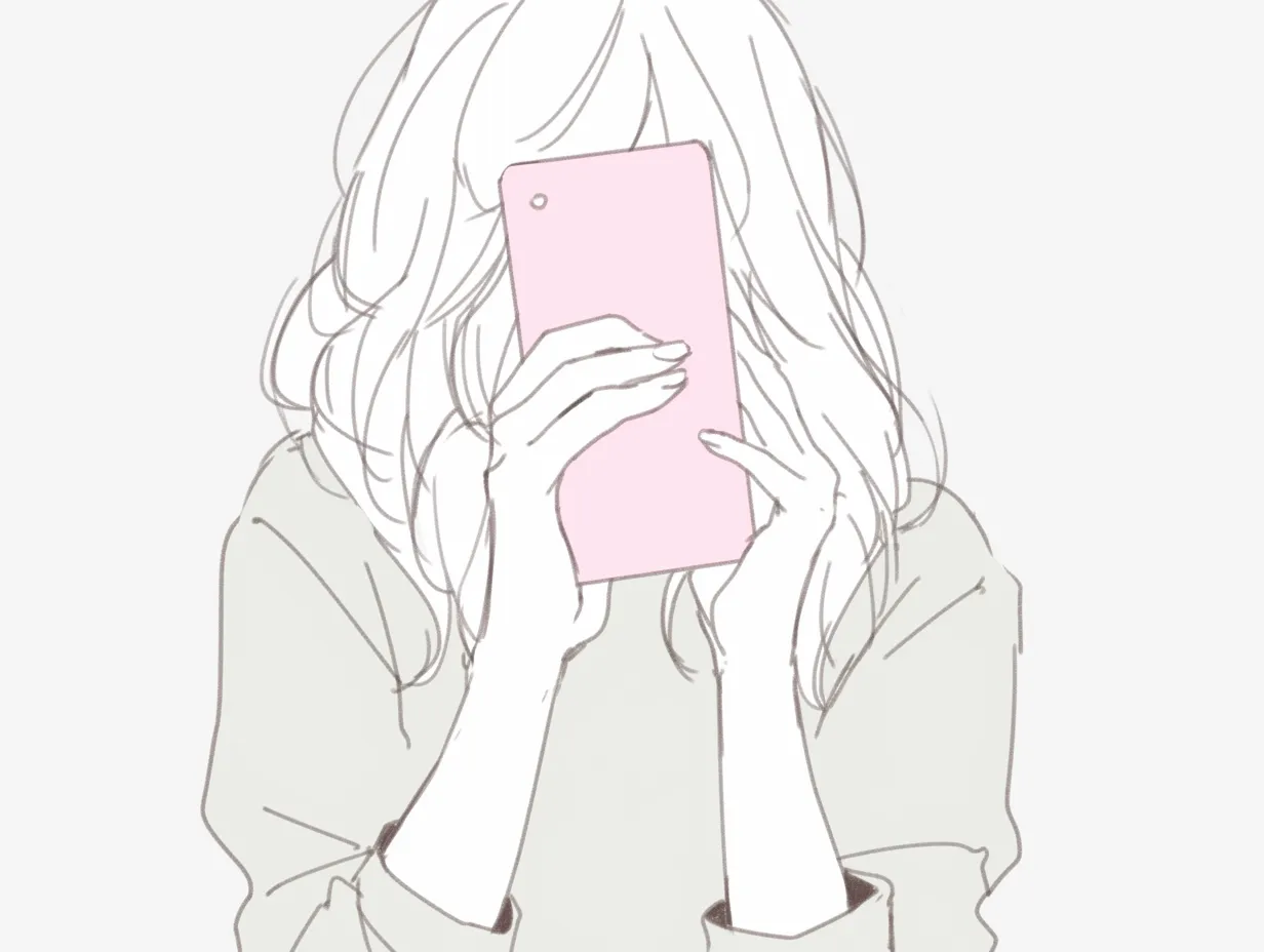 おしゃれ韓国のスマホを持つ女性｜ピンク色のスマホを持つ女性を最小限の線で描いたイラストです。ナチュラルな雰囲気とやさしい配色が特徴で、おしゃれ韓国のシンプルで可憐なイメージを発信できる素材です。
