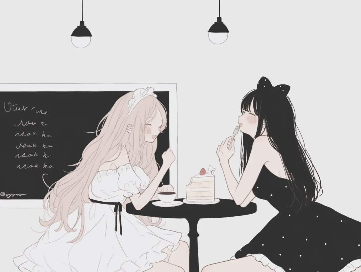 おしゃれ韓国のカフェでケーキ女子｜カフェでケーキを楽しむ女性二人を描いたイラストです。ファッションや空間の雰囲気が洗練されており、おしゃれ韓国の華やかさを伝えるビジネス素材として活用しやすいです。