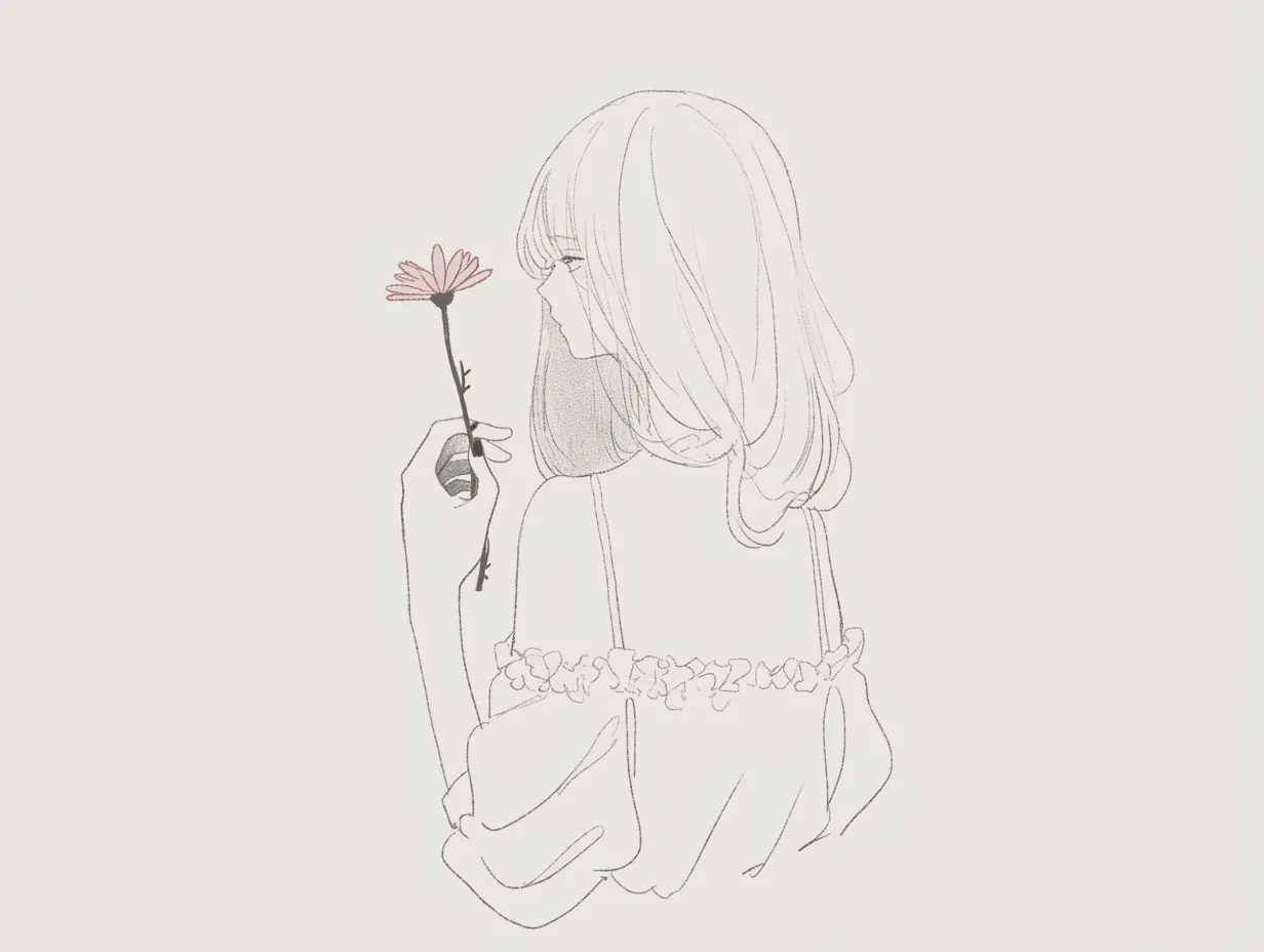 おしゃれ韓国の花を持つ女性｜後ろ姿の女性が花を手にしたシンプルな線画イラストです。淡い彩色が上品で、おしゃれ韓国の繊細さと洗練された印象を伝える素材としてSNSや雑誌風のデザインに適しています。