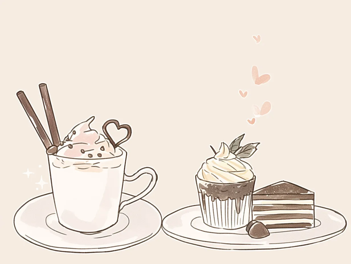 シンプル韓国のスイーツセットイラスト｜温かみのある色合いで描かれたカフェスイーツのイラスト。シンプル韓国の柔らかな雰囲気を意識した線画と淡い色彩が特徴で、メニューやSNS用素材にも適した使いやすいビジネス写真素材です。