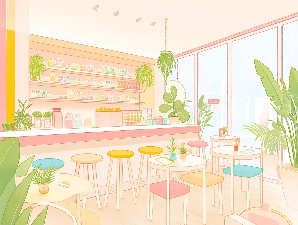 かわいい韓国のカフェ店内｜観葉植物とカラフルな椅子が並ぶカフェを爽やかに描いたイラストです。明るく開放感のある雰囲気で、かわいい韓国のライフスタイルを象徴するような空間表現が特徴的です。
