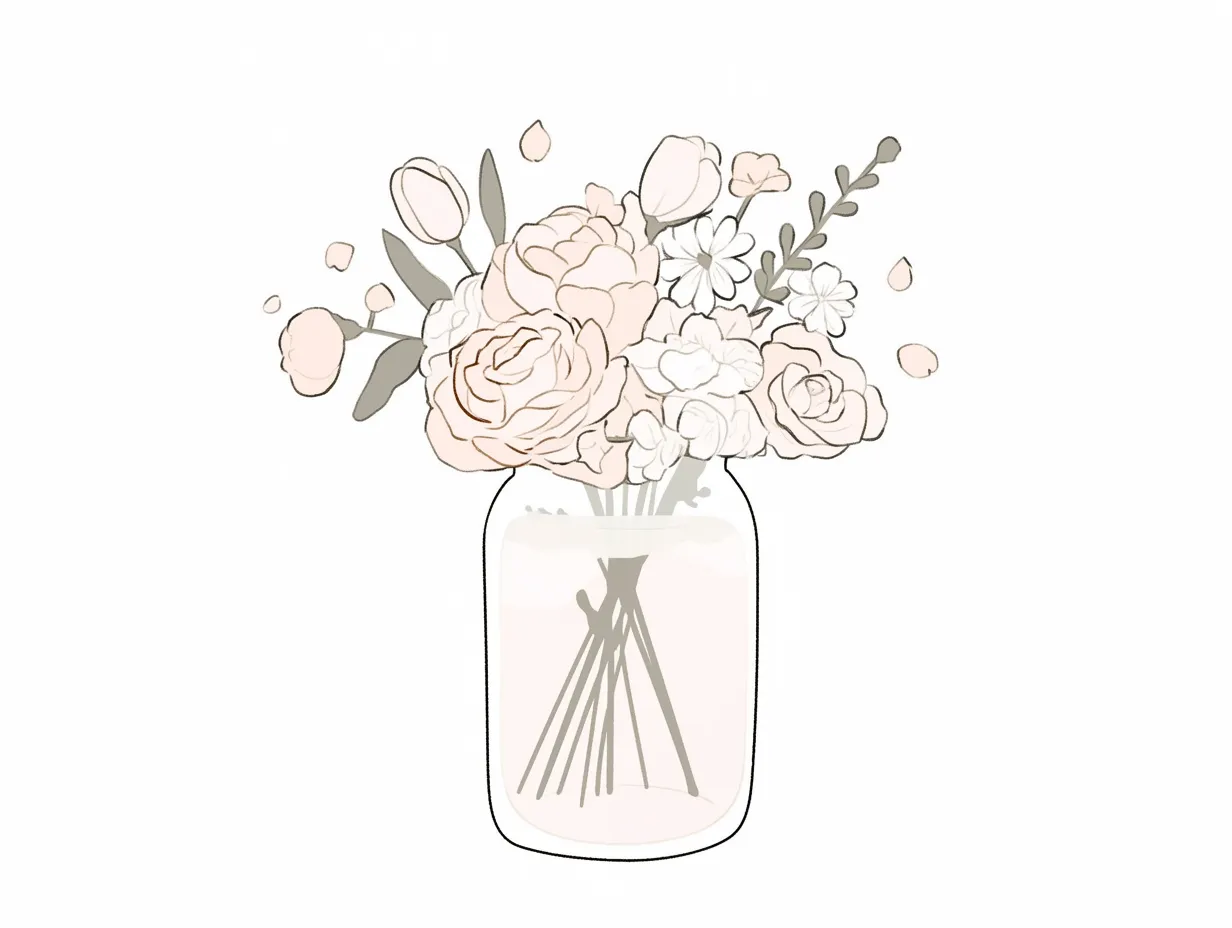 シンプル韓国の花瓶フラワーイラスト｜白背景に映える花瓶入りのフラワーイラスト。落ち着いた色合いで構成され、シンプル韓国の上品な雰囲気を伝えるデザイン。ショップ広告やギフト関連の写真素材としても活用しやすい仕上がりです。