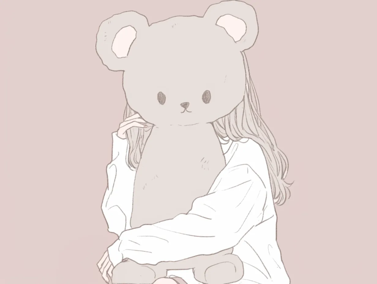 かわいい韓国のぬいぐるみポーズ｜大きなぬいぐるみを前にした女の子のポーズを描いたイラストです。控えめな色調と手描き風の線が温かみを持ち、かわいい韓国のシーンをさりげなく演出できる素材です。