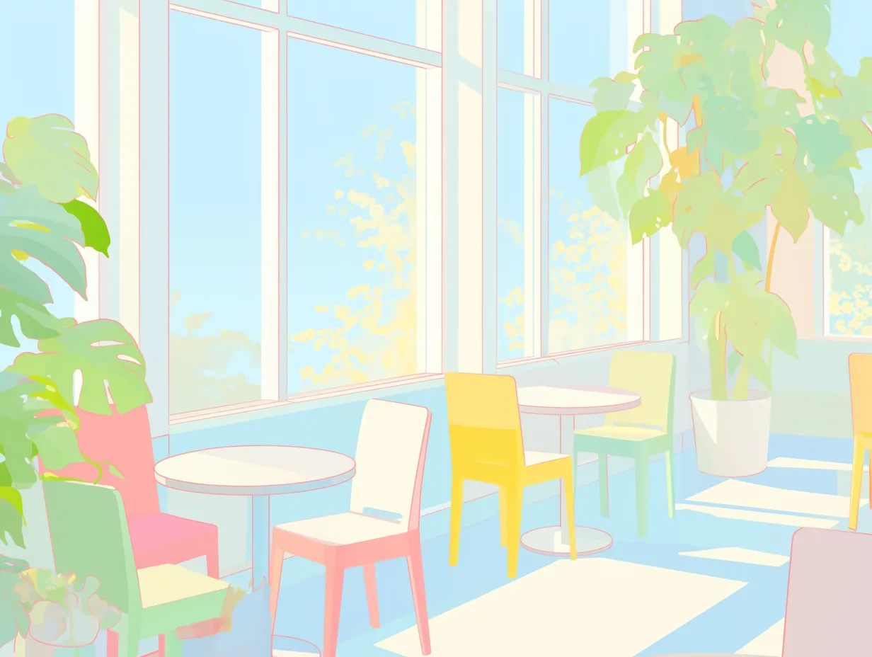 かわいい韓国のカフェ窓辺｜窓から差し込む光と植物に囲まれたカフェの窓辺を描いたイラストです。透明感のある明るさが心地よく、かわいい韓国のリラックスした雰囲気を伝えるビジネス素材として汎用性があります。