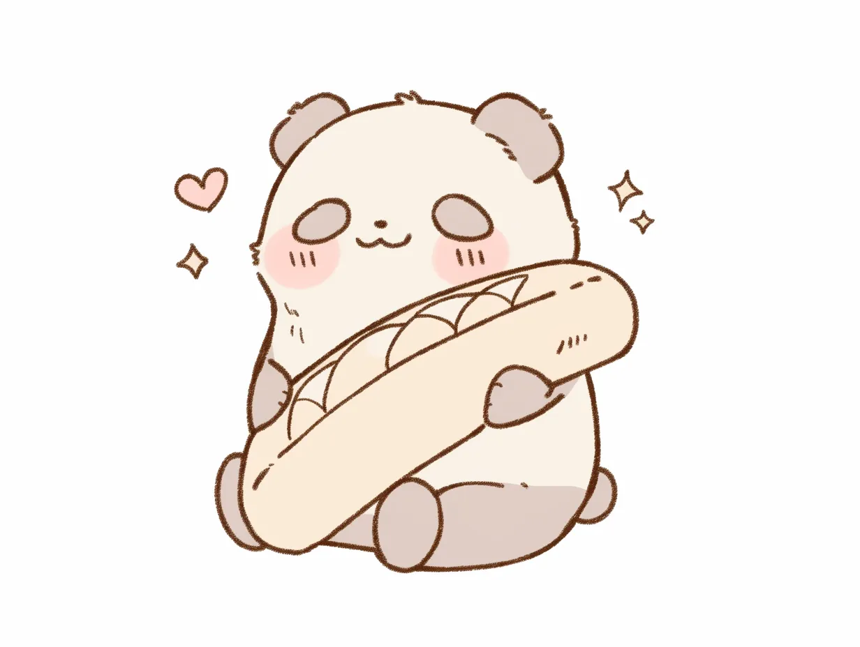 ゆるい韓国のパン抱きパンダ｜パンを抱きしめて満足そうなパンダを描いたイラストです。丸みを帯びたフォルムと愛らしい表情が印象的で、ゆるい韓国の優しい世界観を感じさせるビジネス向けの素材です。
