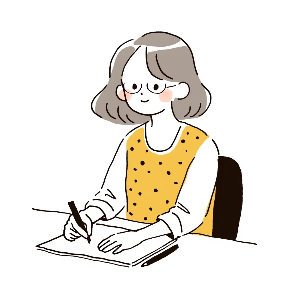 手紙に書く老人の集中する姿｜白背景にシンプルなタッチで描かれた老人が、机に向かい真剣な表情で手紙に書く様子。温かみのある色使いと優しい線で、穏やかな時間の流れを感じさせる。