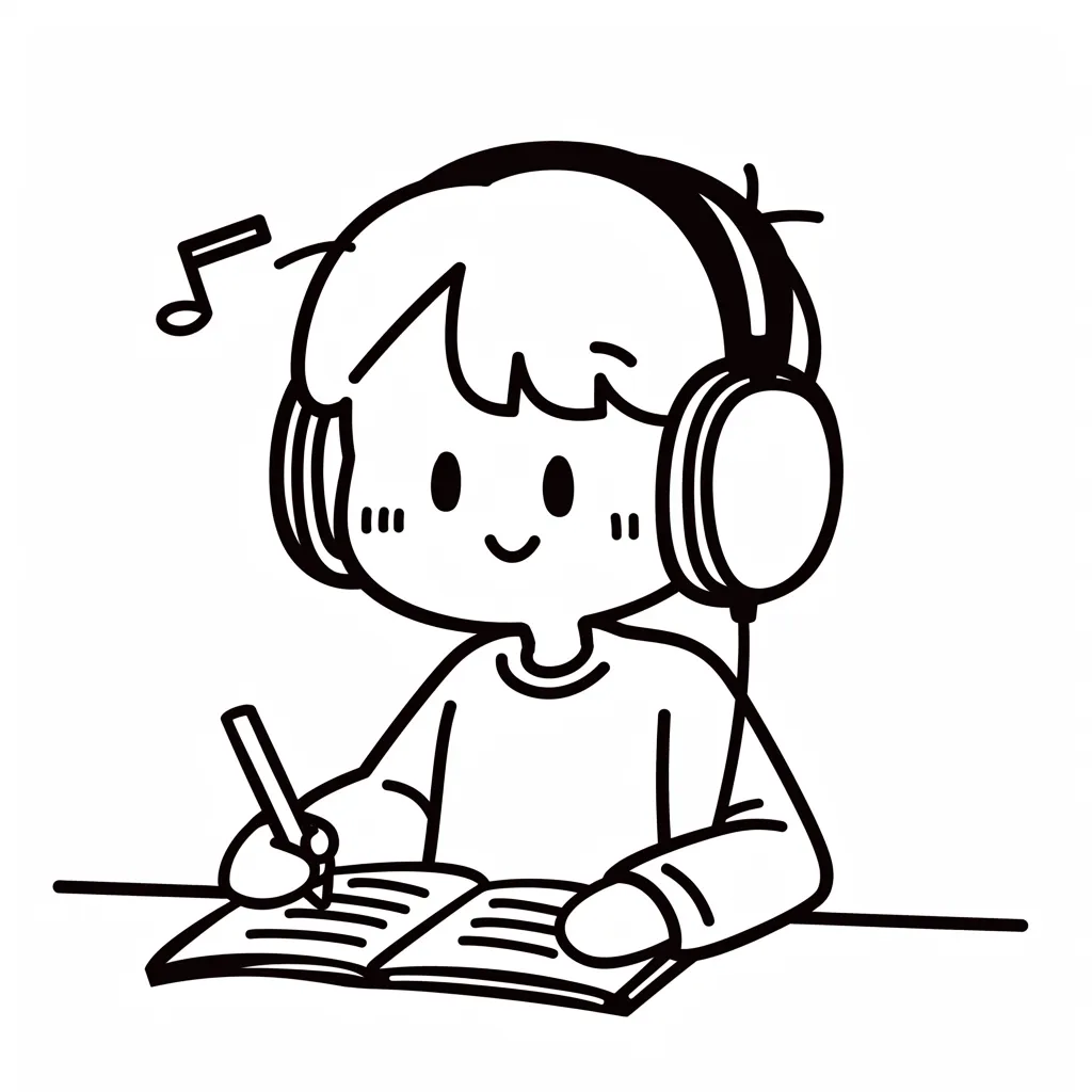 リスニングしながらノートを取る少年｜デフォルメされたキャラクターが魅力のイラスト。ヘッドフォンでリスニングしながらペンを動かす少年が描かれ、学習の楽しさが表現されている。音符が浮かび、リズミカルな雰囲気が加わっているのが特徴的。