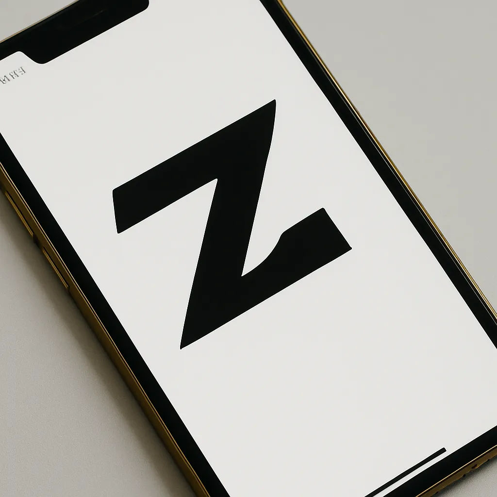 Zロゴのモックアップ｜白いスマホ画面に、角を鋭く切り落としたジグザグ型の「Z」ロゴが大きく表示されています。上辺と下辺の傾斜角を変えることで構成にダイナミズムを与え、スピードと創造性を象徴。テック・ゲーム・エンタメ系にふさわしい印象的なロゴです。