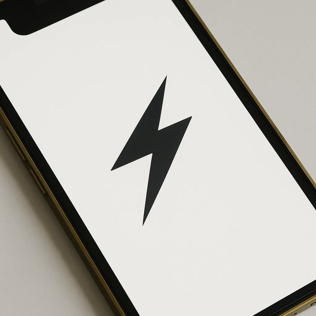 電気のロゴモックアップ｜スマートフォン中央に、稲妻形の鋭いジグザグで構成された「電気」のロゴがくっきりと配置されています。上下にエネルギーが貫くような構成で、力強さとスピード感を強調。エネルギー・テクノロジー・デジタル分野に最適です。