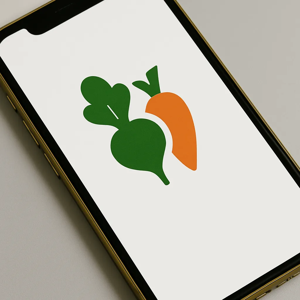 野菜のロゴモックアップ｜スマートフォン中央に、葉物と根菜のフォルムを組み合わせた「野菜」のロゴが抽象的に描かれています。複数の要素を一体化し、シンボルとしての簡潔さと豊かさを両立。食品・マーケット・オーガニック系ブランドに最適な印象です。