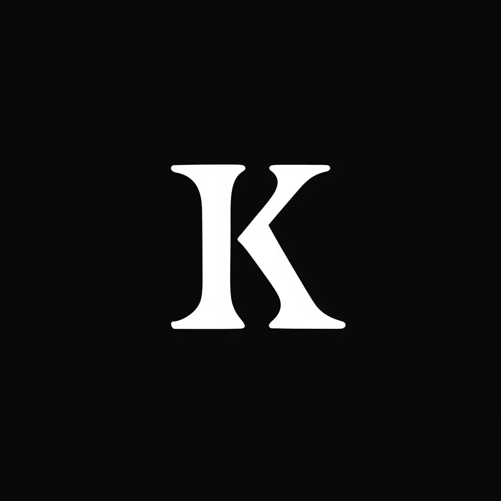 Kロゴのクラシックモノトーン｜黒背景に白文字で構成されたKロゴ。セリフ体の美しい曲線と直線のバランスが映え、上品で伝統的な印象のKロゴとして際立っている。