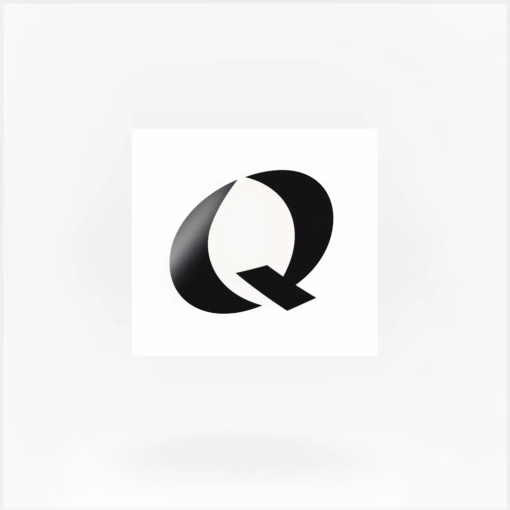 Qロゴのモノクロカーブシンボル｜黒と白のツートーンで構成された立体感あるQロゴ。滑らかなカーブがスタイリッシュな印象を与え、洗練されたブランドイメージを表現している。