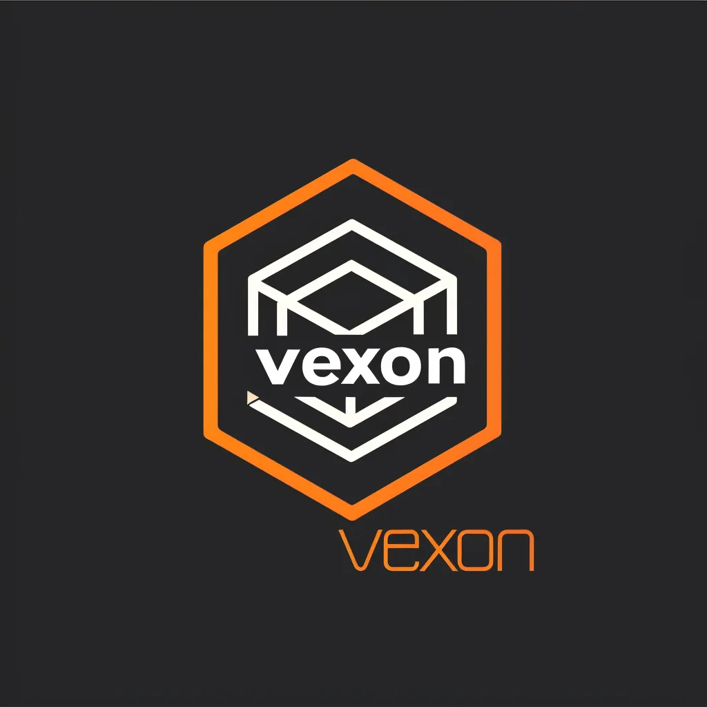 かっこいいロゴのvexon六角構造｜六角形フレームと立体的な箱形ラインの組み合わせで構成されたシンボル。安定感と先進性を兼ね備えた構成が魅力のかっこいいロゴです。