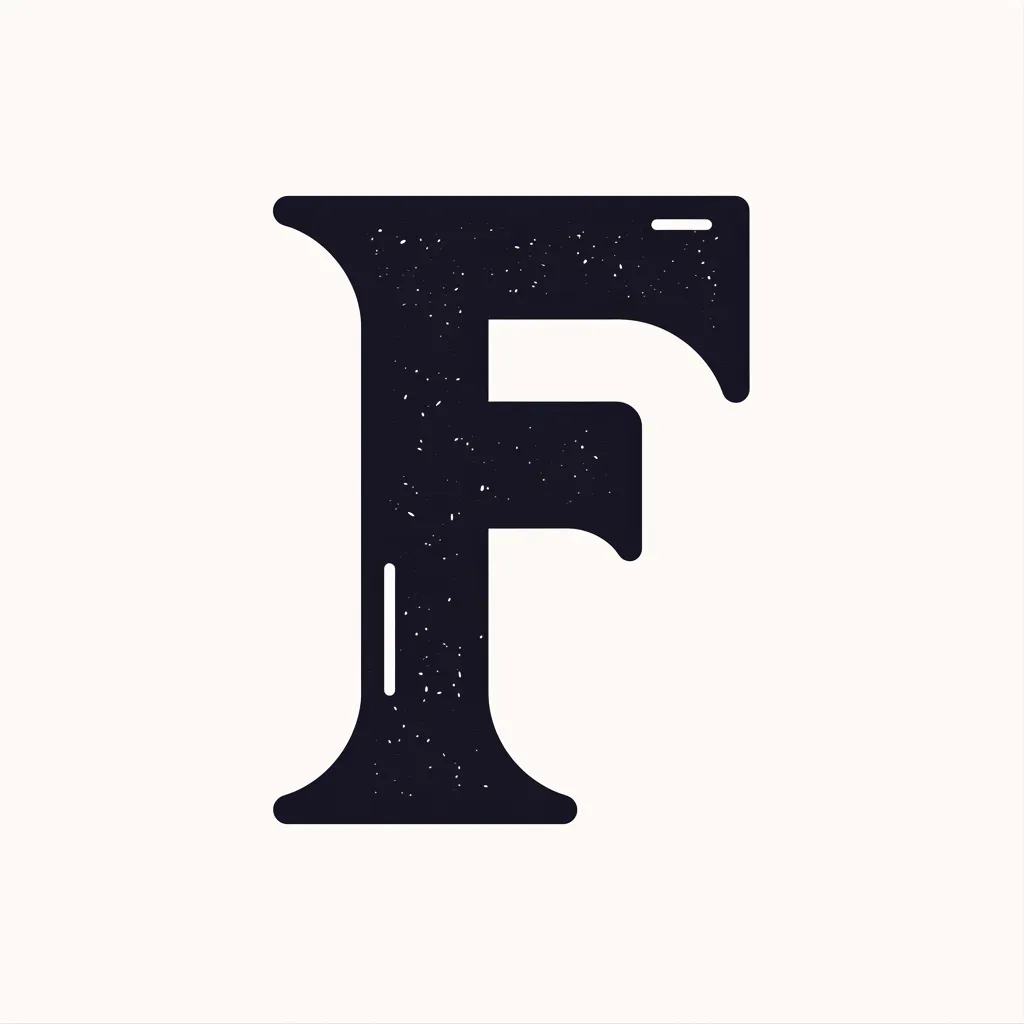 Fロゴのビンテージフォント表現｜クラシックなセリフ体に細かなスプラッシュ加工を施したFロゴ。重厚感あるフォルムとさりげない装飾が、落ち着きと存在感をもつFロゴに仕上がっている。