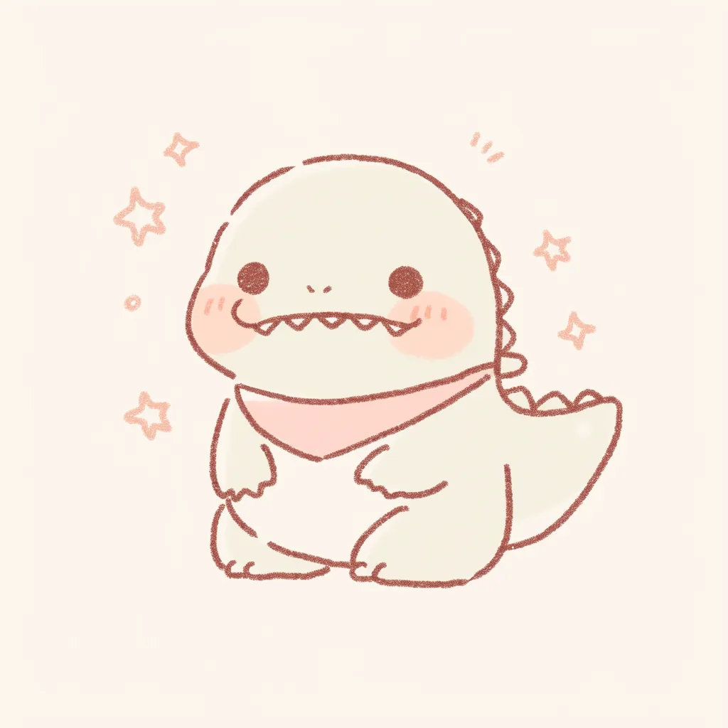 ゆるいかわいいティラノサウルス｜おおきなあごとつぶらな瞳がチャーミングなティラノサウルス。ゆるい線とパステルカラーが恐竜らしさをやわらげ、かわいい印象を前面に引き出しています。
