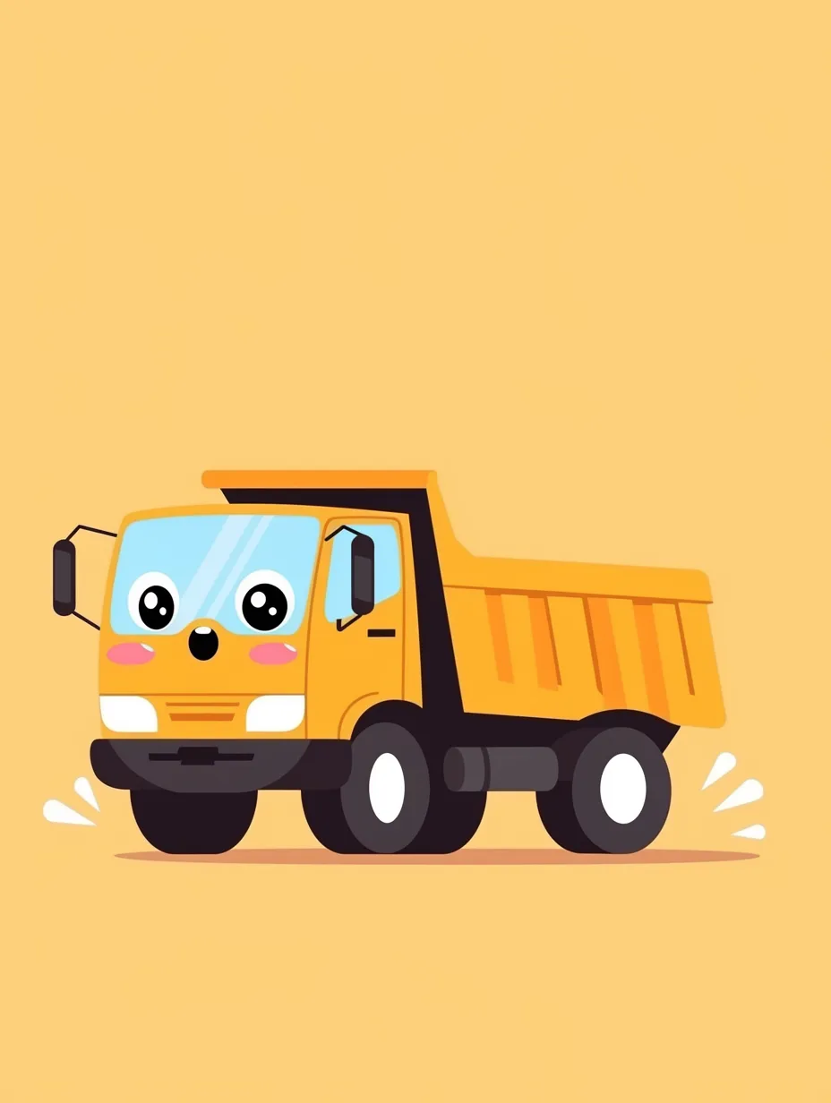 ゆるかわいいフラットデザインのダンプカー｜黄色いボディとピンクのほっぺが愛らしい、ゆるかわいいフラットデザインのダンプカー。しっかりとした荷台と元気な顔立ちが、工事現場に楽しさを添えてくれます。
