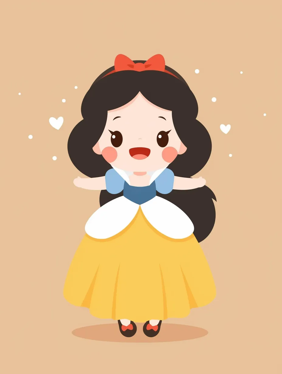 ゆるかわいいフラットデザインの白雪姫｜おだやかな笑顔と赤いリボンが印象的な、ゆるかわいいフラットデザインの白雪姫です。イエローのスカートと白い襟が優しい雰囲気を引き立て、物語の世界をやさしく表現しています。