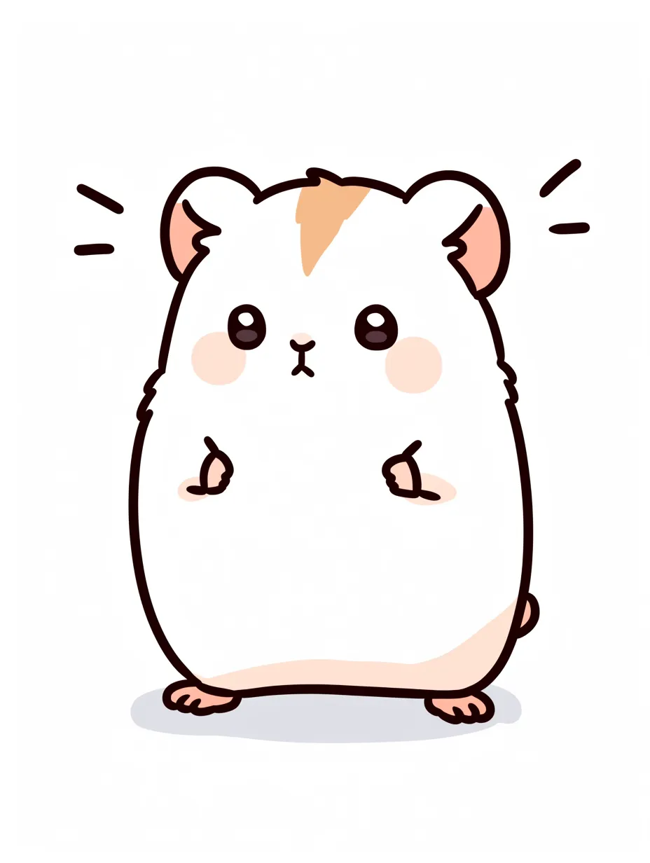 ゆるいハムスターのちょこんと立ち姿｜シンプルな線と柔らかい色合いで描かれたハムスターが、ちょこんと立っているイラスト。小さな手のポーズが可愛らしく、ゆるいハムスターの無邪気さが表現されている。