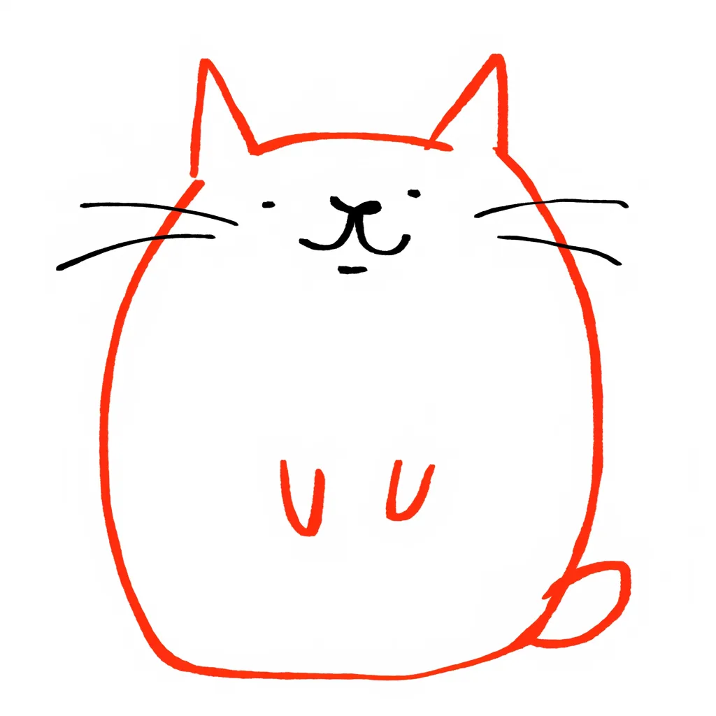 落書きゆるい手書きもふもふ猫｜真ん丸なフォルムと太めの赤線で構成されたもふもふ猫。手描きのラインに動きがあり、ゆるい表情とふわふわ感が見ていて心地よい一枚です。