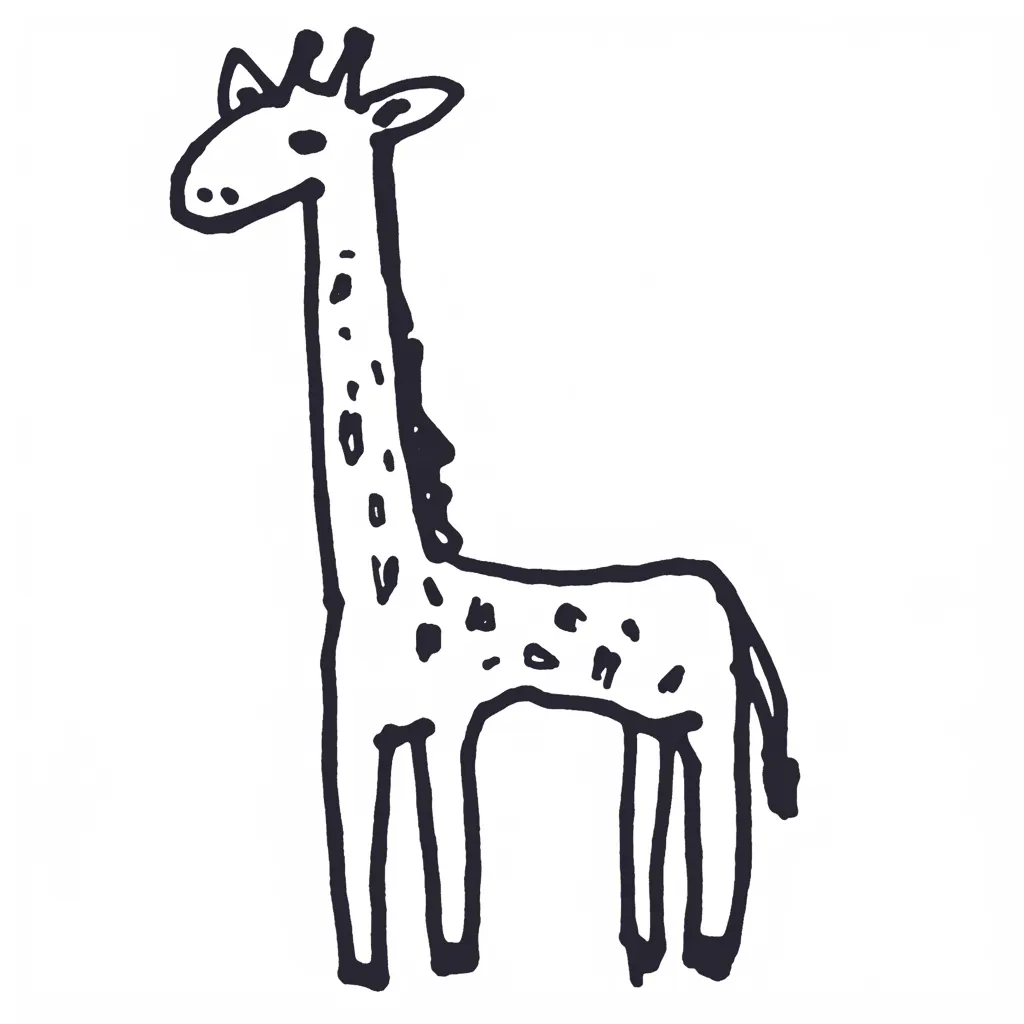 落書きゆるい手書きのきりん｜ぎこちない足と高い首がチャーミングなきりん。全体がゆったりしたバランスで描かれ、手書きらしい不揃いな模様も味わいに。独特なゆるい構成が魅力です。