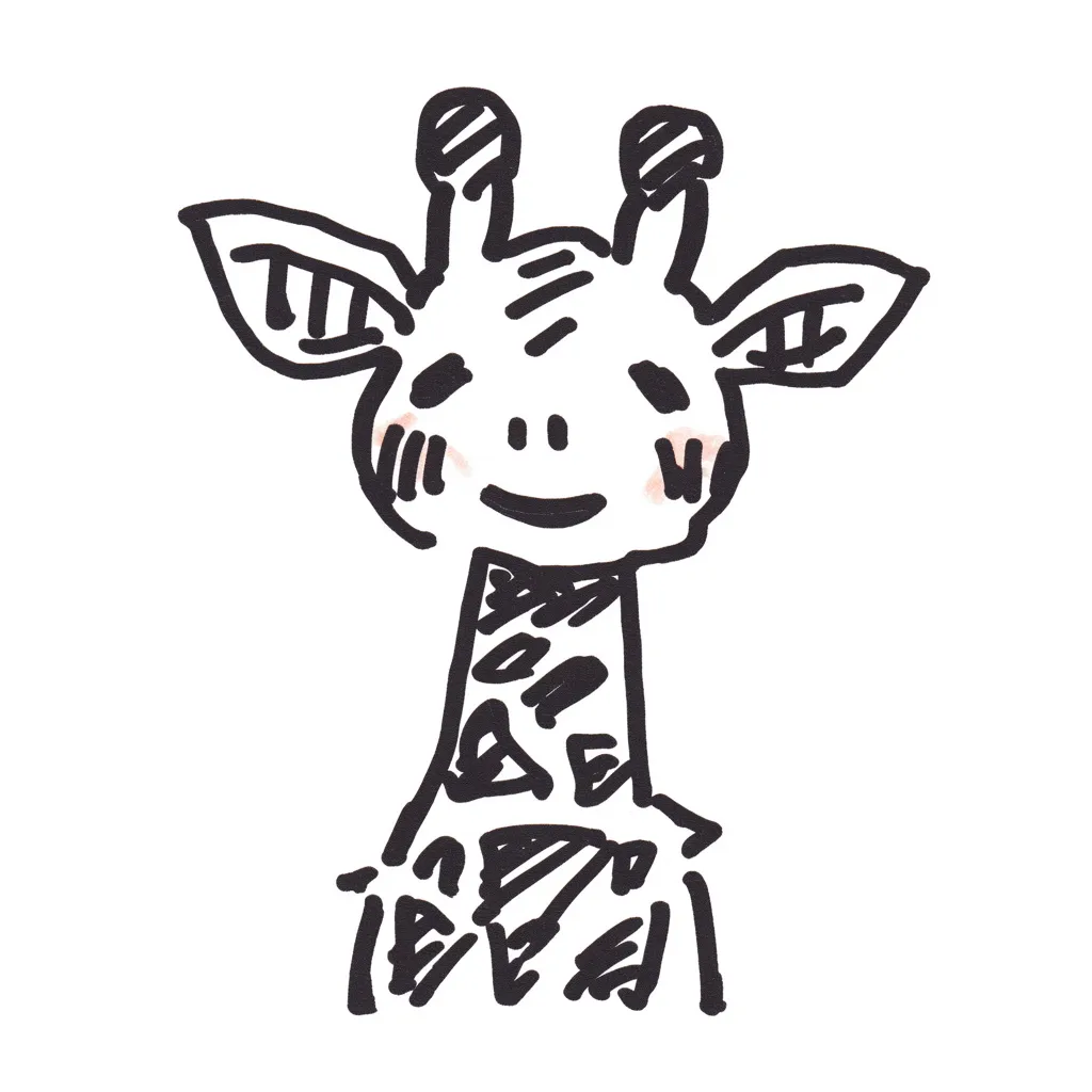落書きゆるい手書きのきりん｜顔を大きく描いた構図で、きりんが笑顔を見せています。頬の赤と模様の強調がポイント。線の太さや塗りの強弱が手書きらしく、ゆるい親しみやすさが伝わります。
