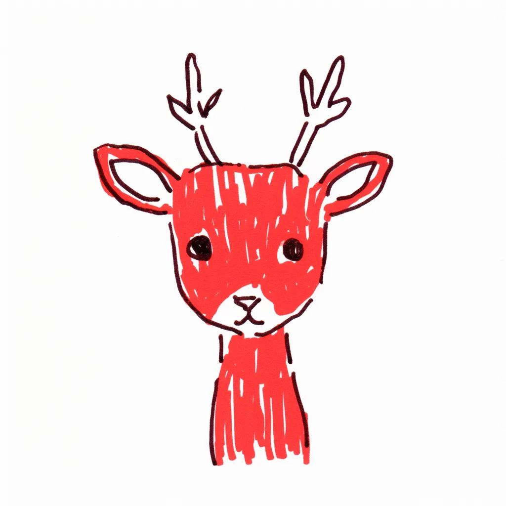 落書きゆるい手書きの鹿｜赤い体に白のアクセントが映える鹿は、子どもの落書きのような奔放さが魅力。目の表現にさりげないかわいさがあり、ゆるい筆致が自由な印象を生んでいます。