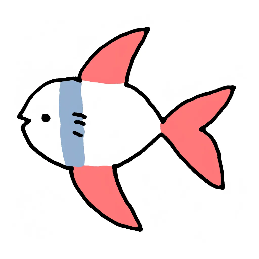 落書きゆるい手書きの熱帯魚｜大きなヒレと色の切り替えが鮮やかな熱帯魚。構図はシンプルながら、手描き線の揺らぎが個性となり、ゆるい世界観の中で生き生きと泳いでいるように見えます。