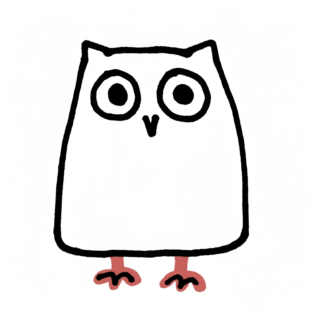 落書きゆるい手書きのフクロウ｜四角いシルエットに大きな目が特徴的なフクロウ。足の色づかいがさりげないアクセントとなり、ゆるい構図の中にかわいらしさが際立っています。